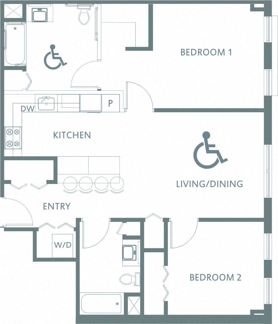 Floor plan for 2 beds, 2 baths, 950 sqft